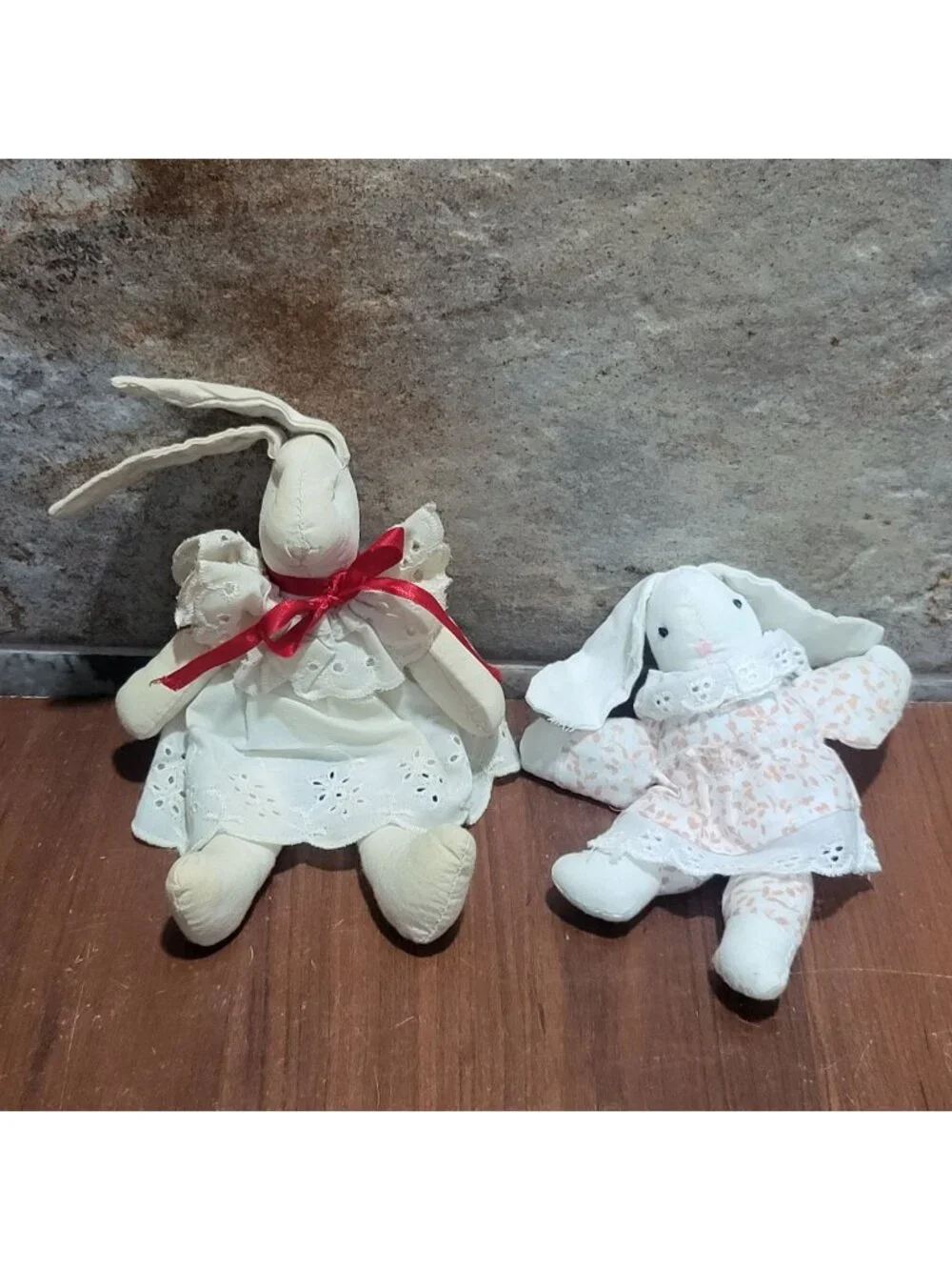 Vintage Country Muslin Cloth Bunny Rabbit Dolls Lot 2 Cottagecore Folk Art Lace
